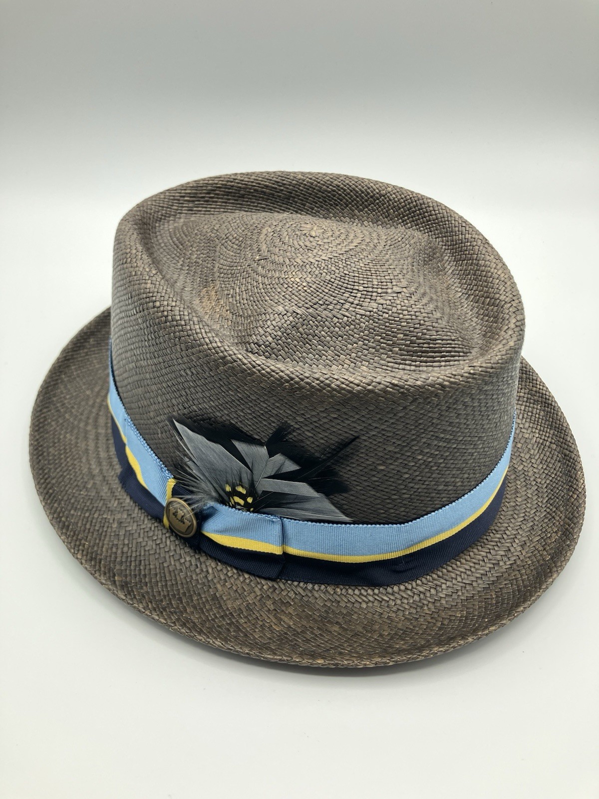 Goorin Bros – Toquilla Straw Panama Hat- Navy Blue Yellow – Large – VTG FINE