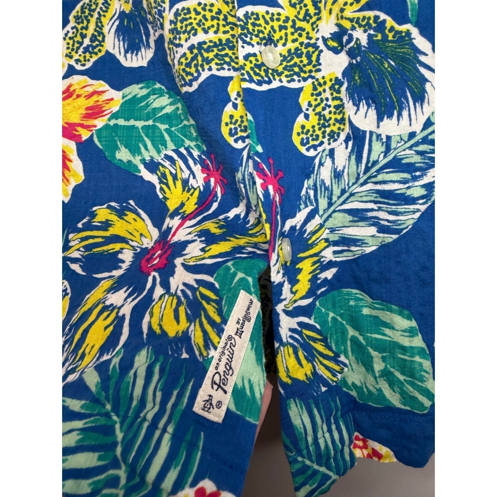 Original Penguin Mens Floral Tropical Button Down Shirt Blue Large Short Sleeve