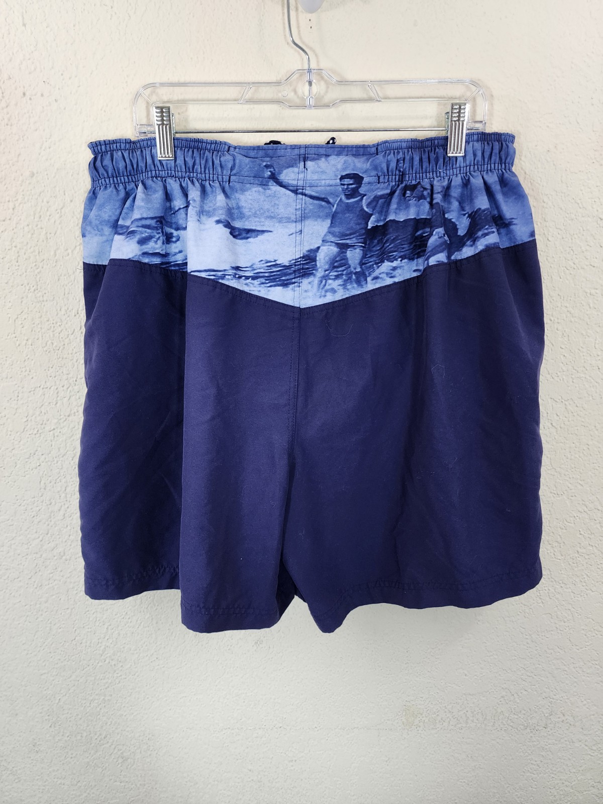 SAND N SUN Men Swim Trunks L 36-38 Navy Blue Vintage Surfer Graphic Mesh Lined