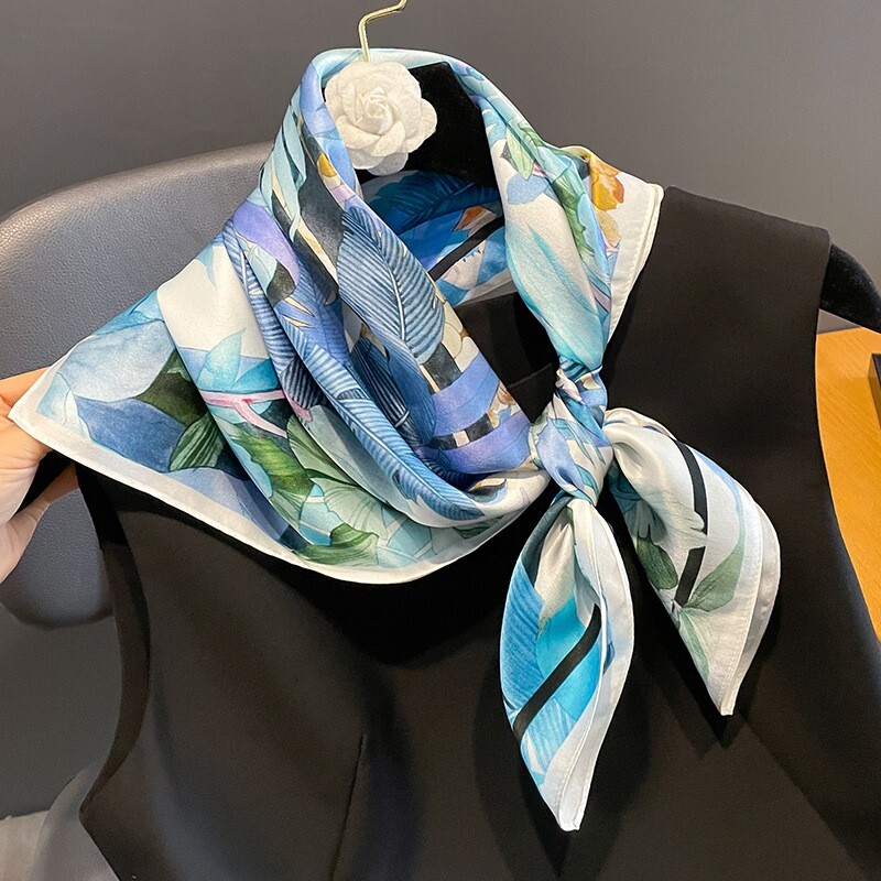 100% Silk Square Scarf Women Light Blue Flower Kerchief Headscarf Tied 68*68cm