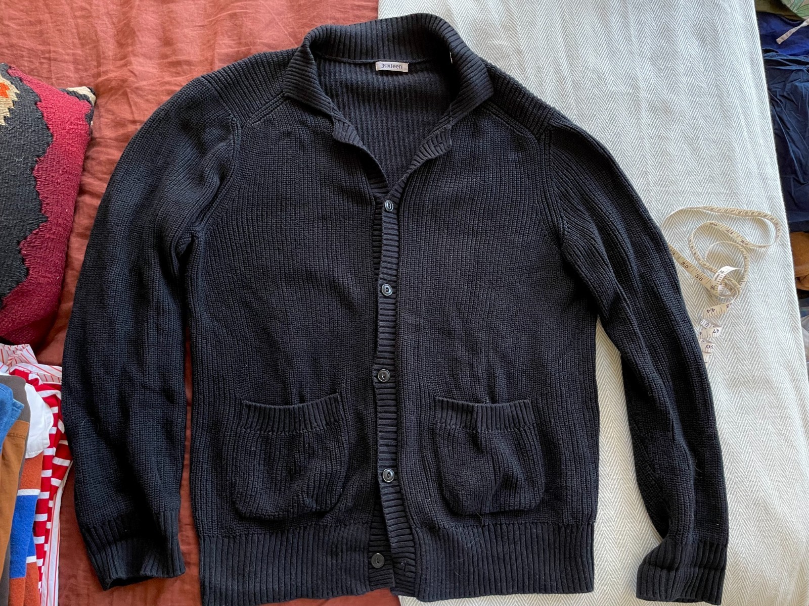 3sixteen Black Cotton Ribbed Collared Cardigan, 100% Pima Cotton — XL