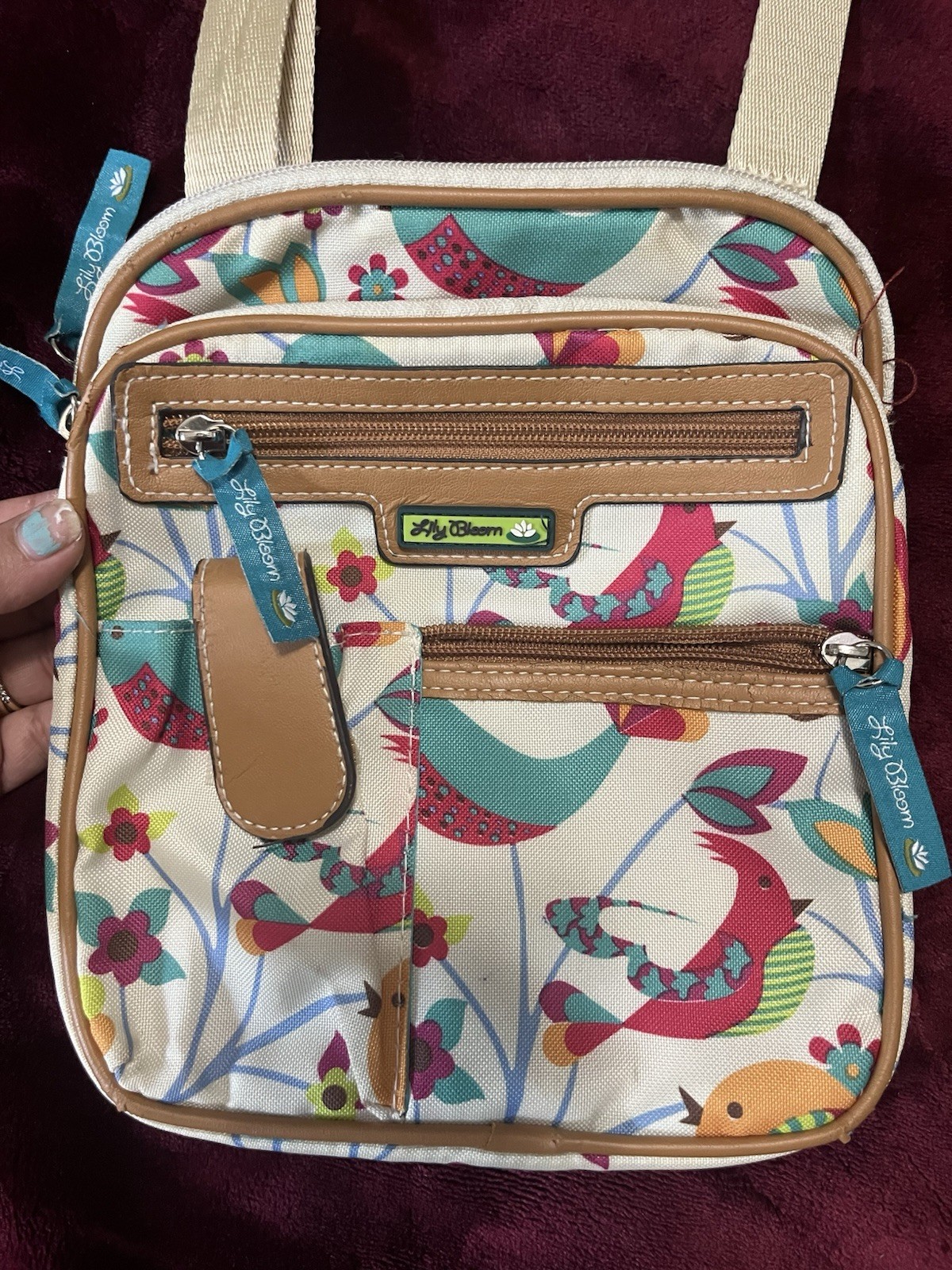 Lily Bloom Women’s Multicolor Bird Floral Crossbody Zip Closure Lined Pockets