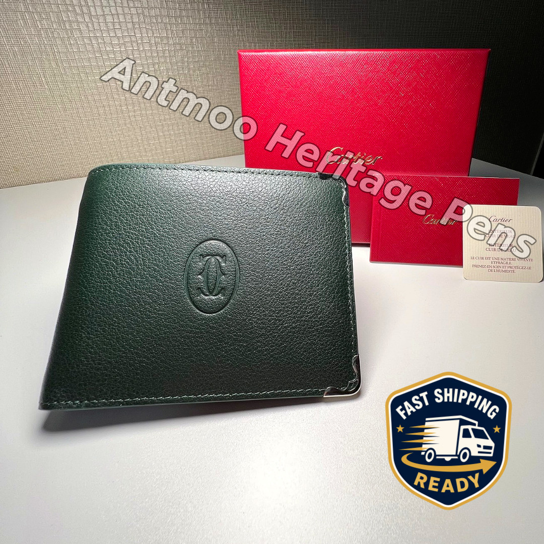 CARTIER Black Leather Bifold Wallet Silver-Tone Corner Accent Men Luxury Wallet