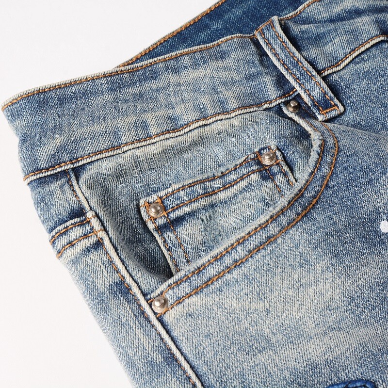 Men’s Vintage Distressed Stretch Denim Skinny Jeans with Patches and Studs