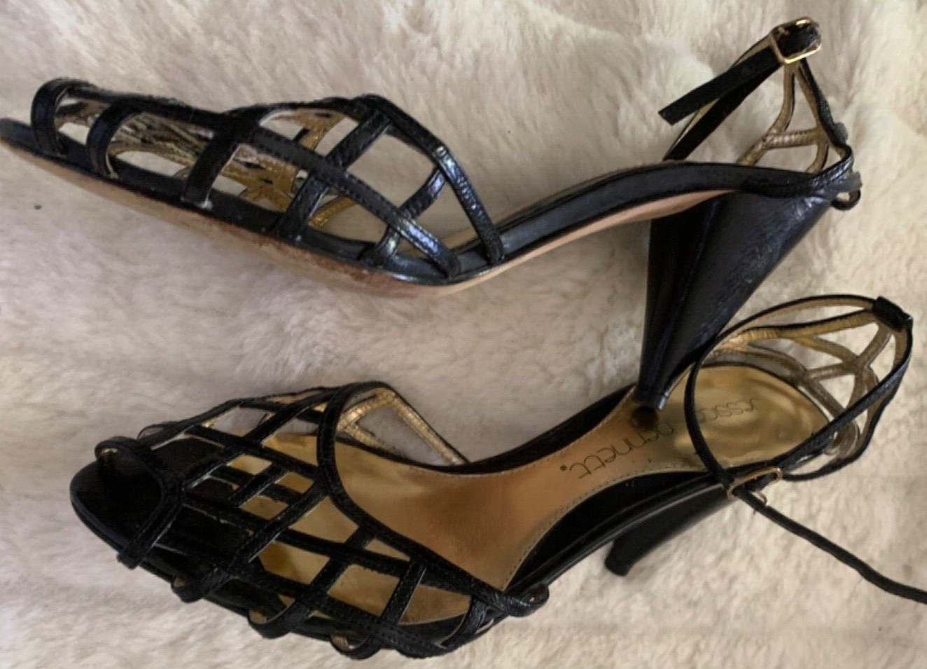JESSICA BENNETT SIZE 8.5 BLACK Leather Short Heel Ankle Strap Cut Outs Open Toe