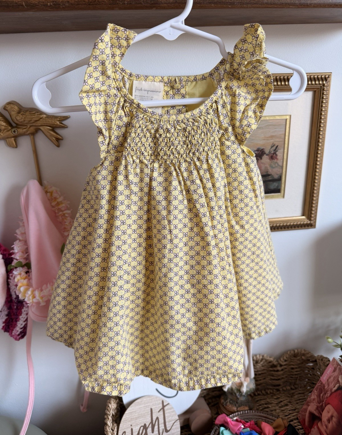 First Impressions Girls Yellow Floral Smocked Flutter Sleeve Dress 6-9 Months