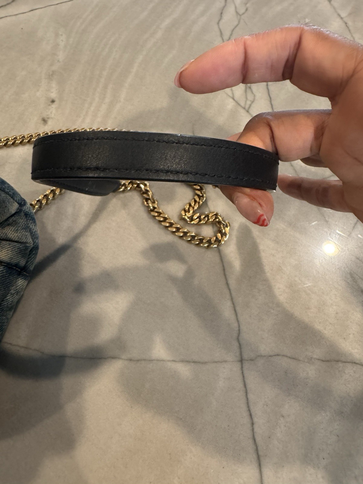 Saint Laurent Denim Quilted Toy Loulou Puffer Monogram Chain Satchel Blue Black
