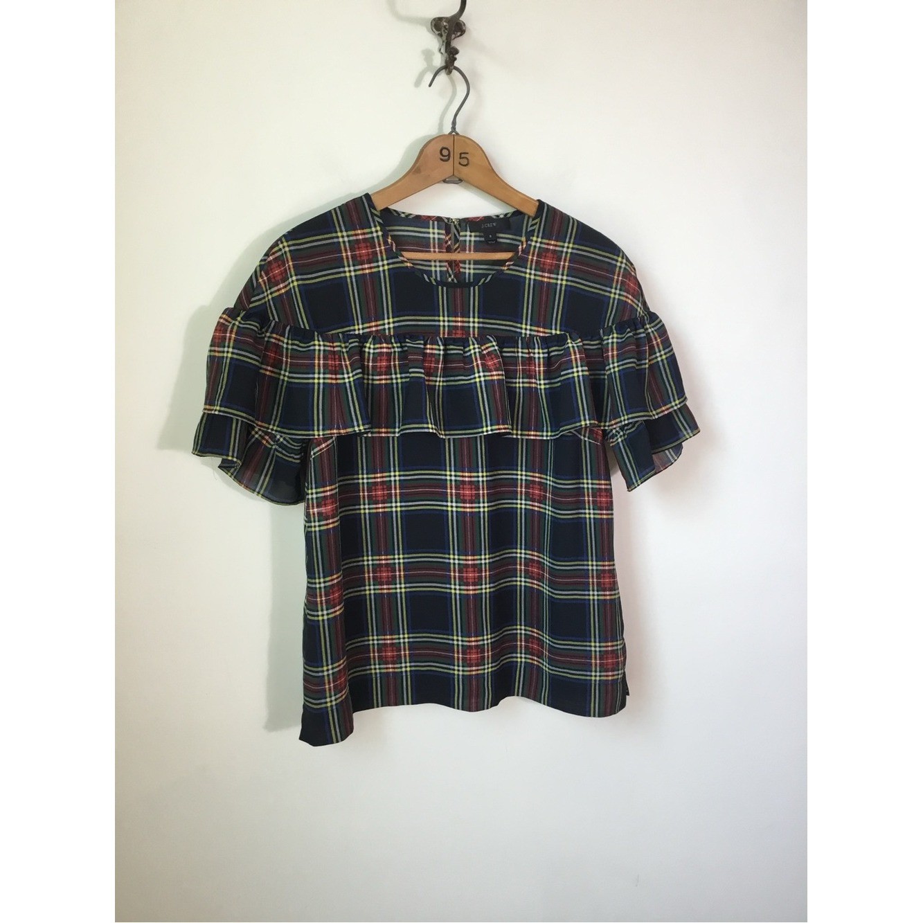 J. Crew Steward Tartan Plaid Flutter Short Sleeve Ruffle Shirt