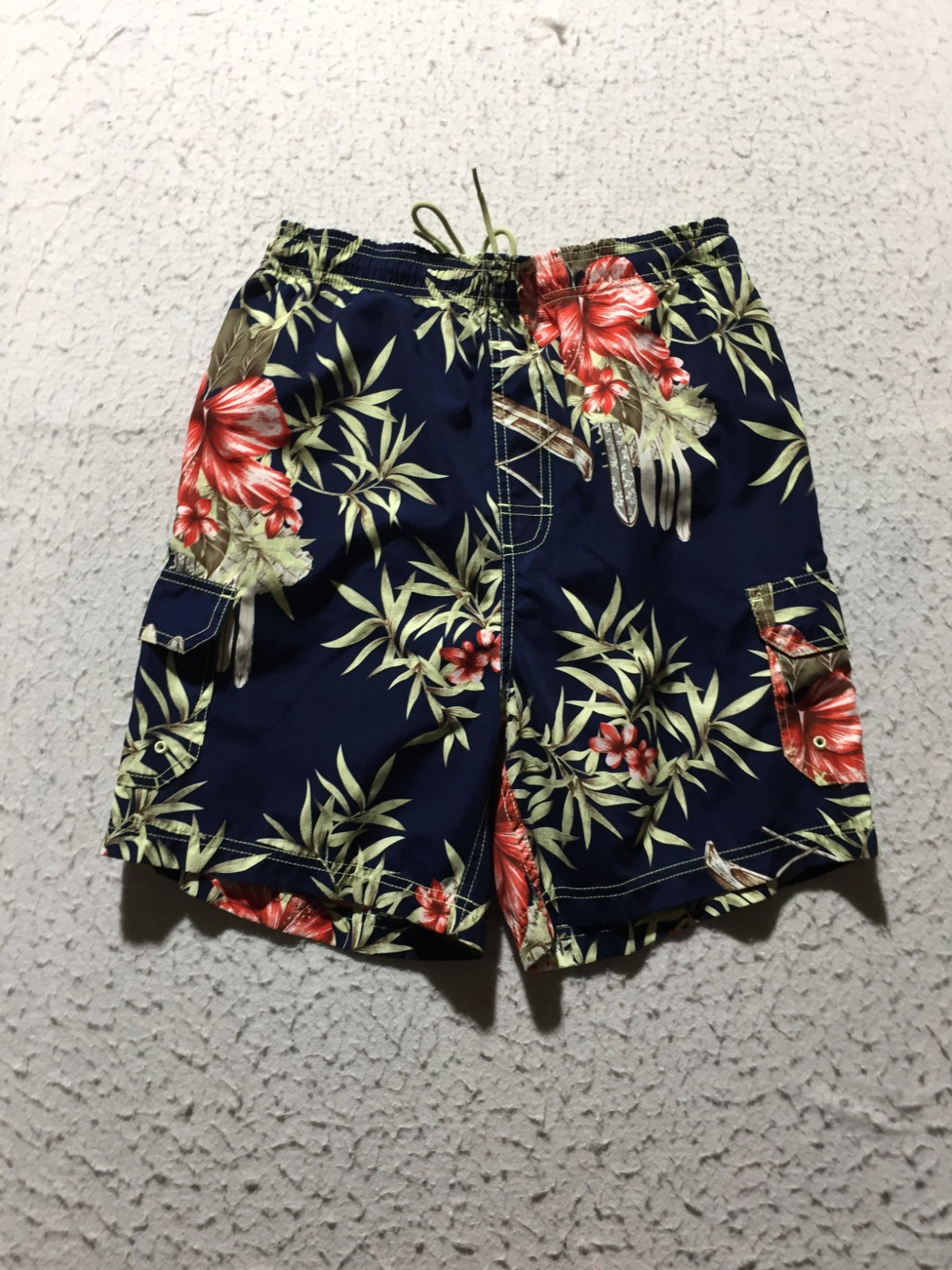 Sand N Sun Swim Trunks Mens S Small Navy Blue Flowers Trucks Elastic Drawstring