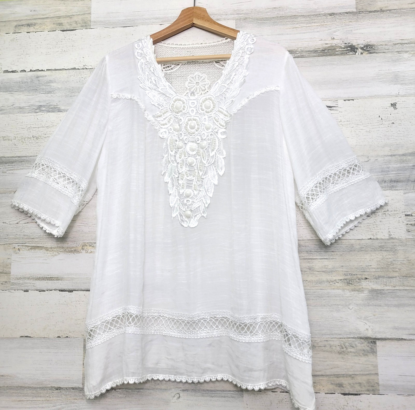 Pretty Angel White Crochet Trim Blouse L Pearl Embellished Scoop Neck Sheer Top