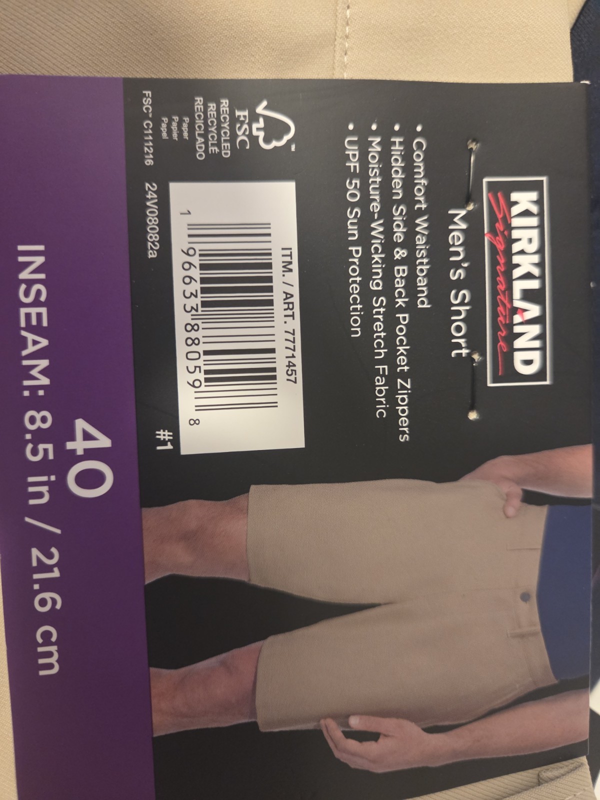 Kirkland Signature Men’s Beige Chino Shorts 8.5″ Inseam UPF 50 Stretch