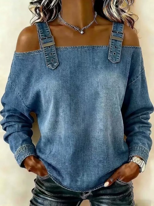 Women Off Shoulder Long Sleeve Top Adjustable Strap Loose Denim Casual Blouse
