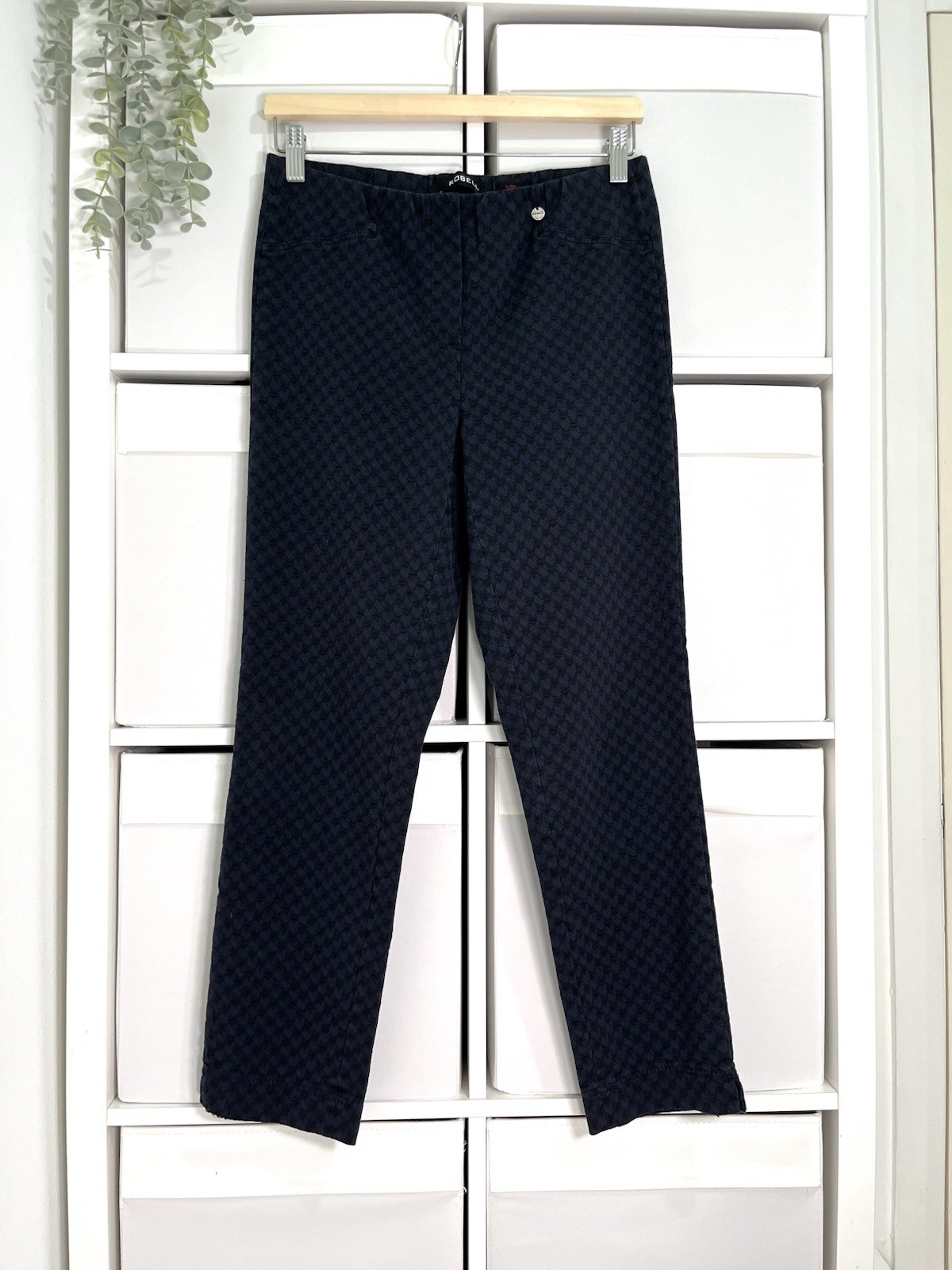 Robell Rose Trousers Size 12 Navy Geometric Pull On Elastic Waist W30 L26