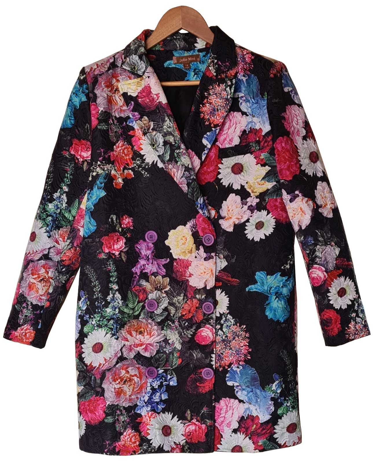 Jolie Moi Floral Jacket UK 14 Double Breasted Textured Blazer Jacket