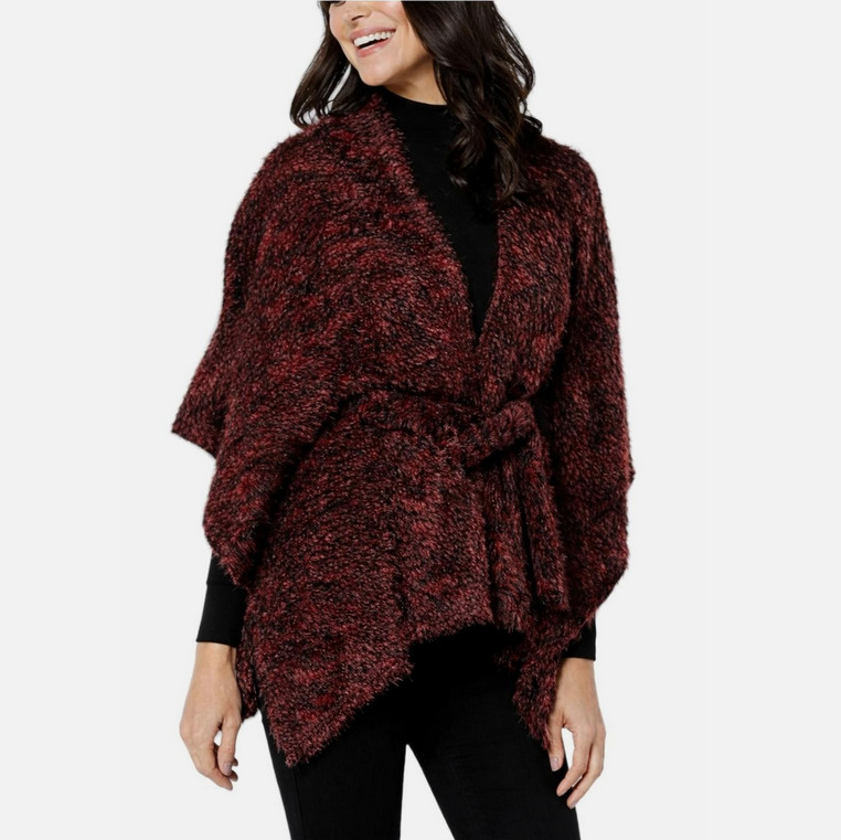 Colleen Lopez Women’s Fuzzy Knit Belted Poncho Henna Size XS/S
