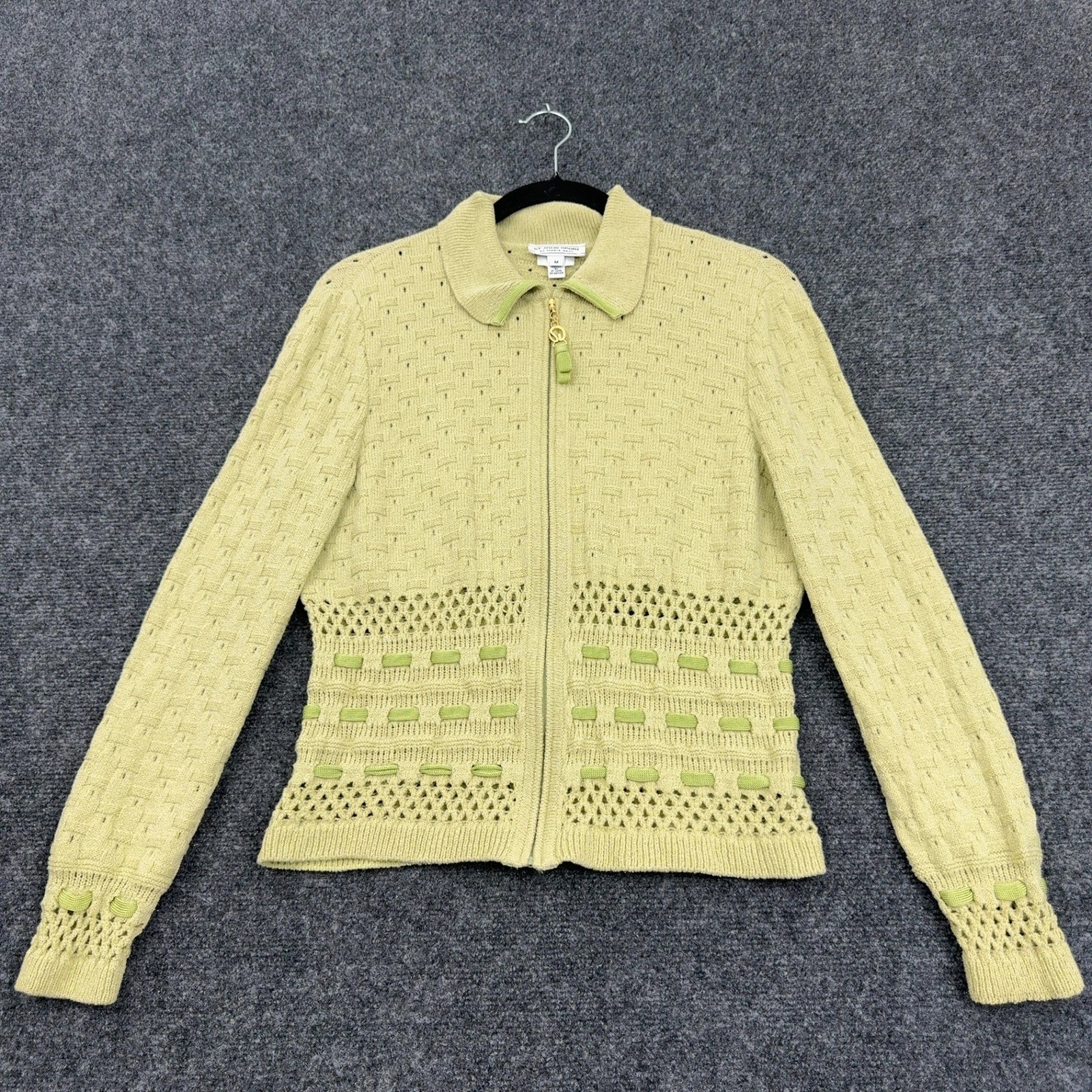 St John Sport Cardigan Womens M Green Wool Rayon Zip Up Pointelle Knit Preppy