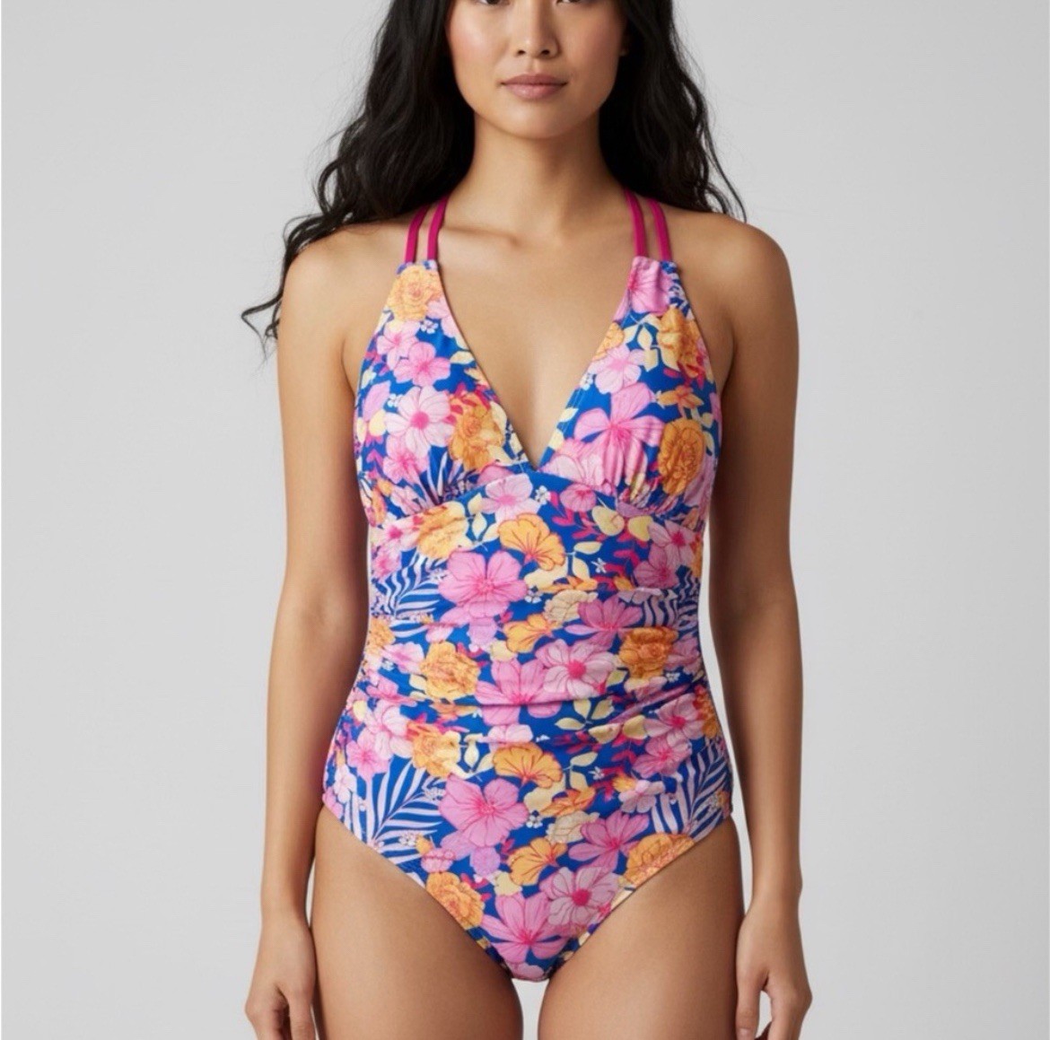 aimage Women Multicolor Tropical Floral Halter One-Piece Open Back Swimsuit S