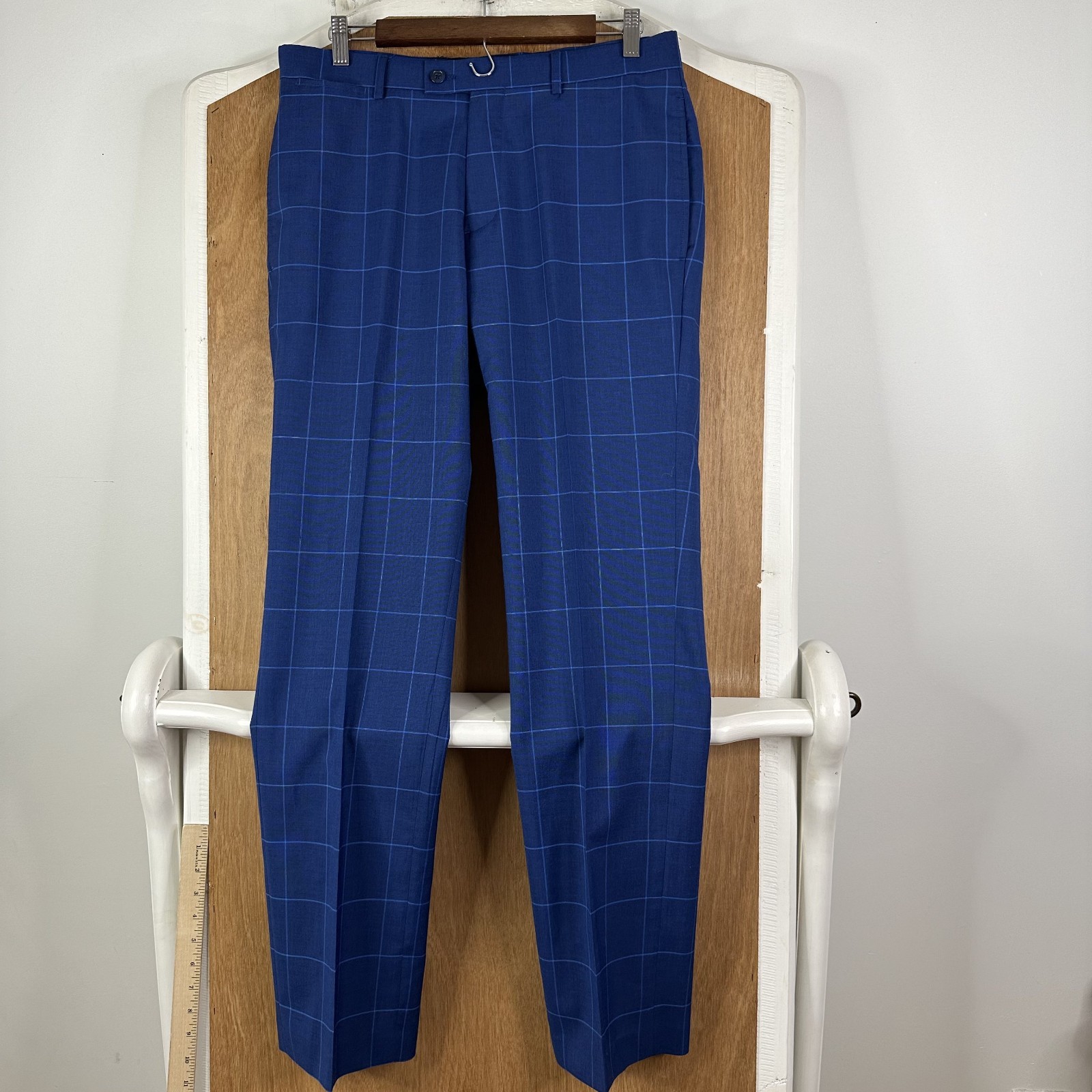 Bachrach Suit Mens 40L Navy Blue Windowpane Polyester Blend Pants 32×32 Flat