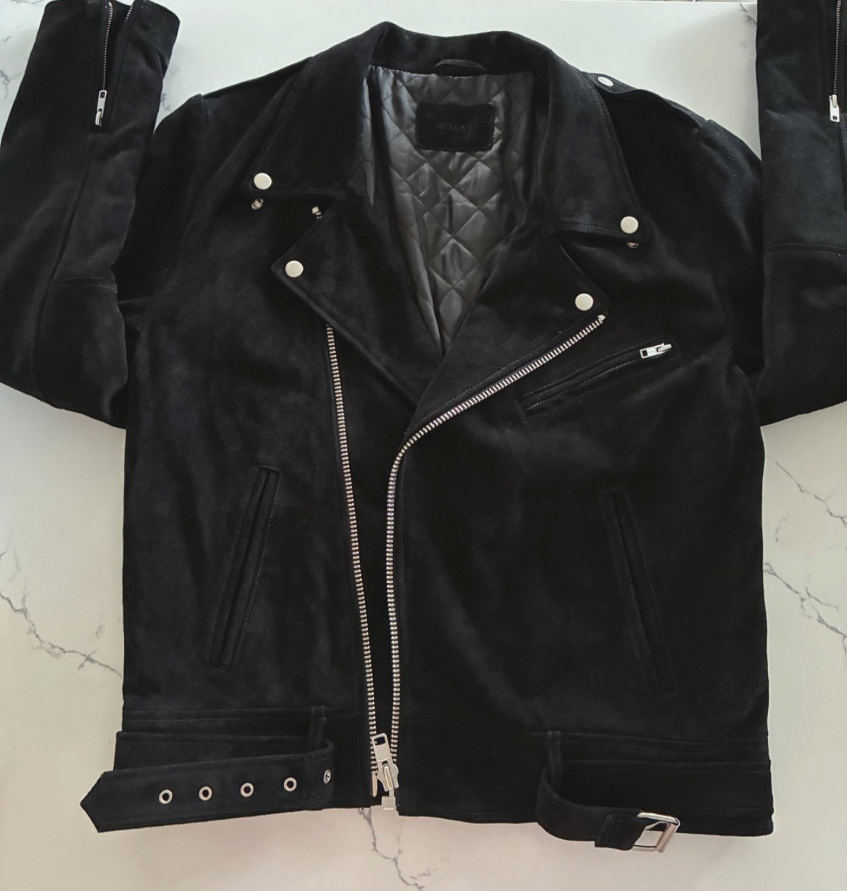 Rolla’s Black Suede Leather Moto Biker Jacket Size L Belted YKK Zip Lined