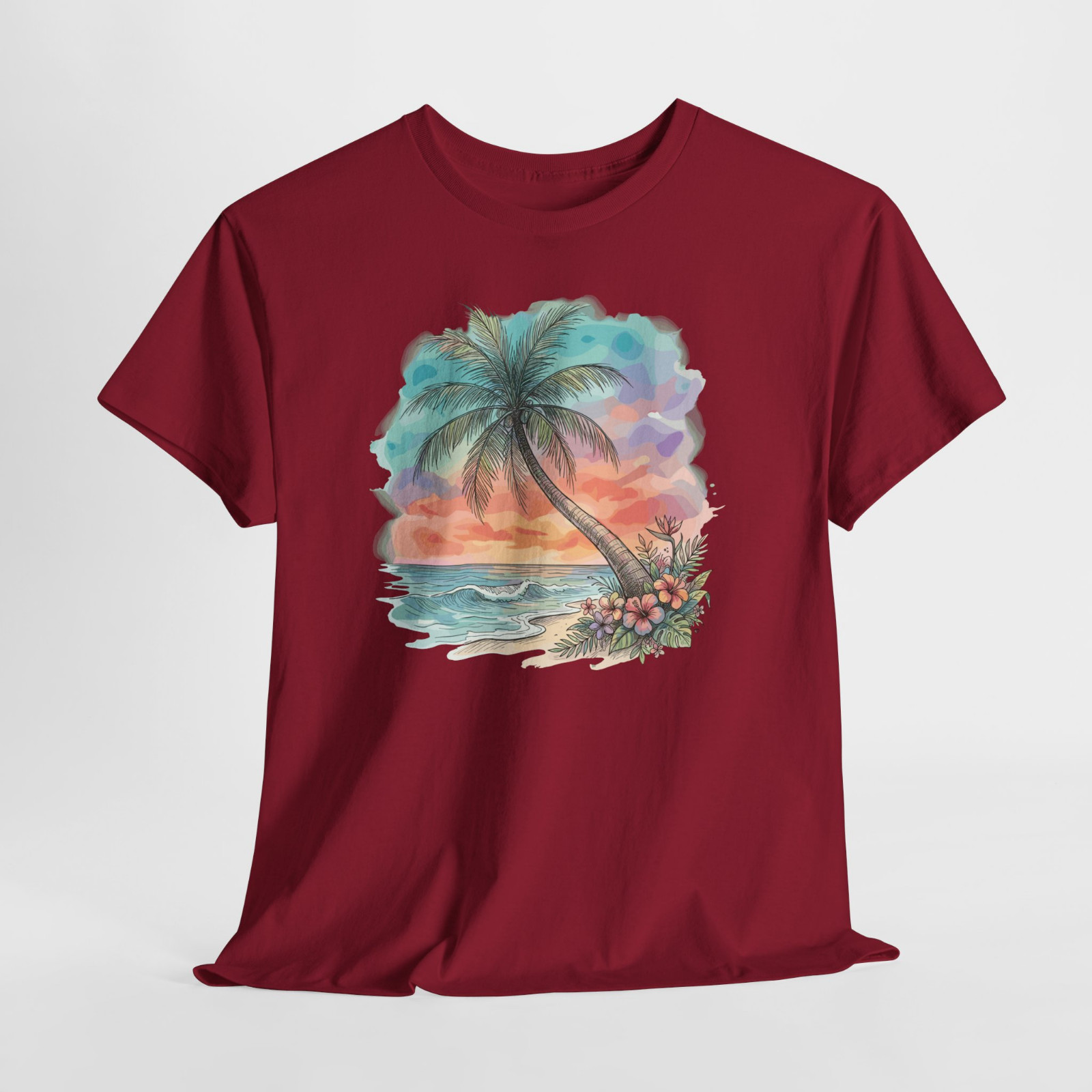 Sunset Beach Palm Tree Ocean Gift Graphic T Shirt Tee Top S-XL, Plus 2X 3X 4X 5X