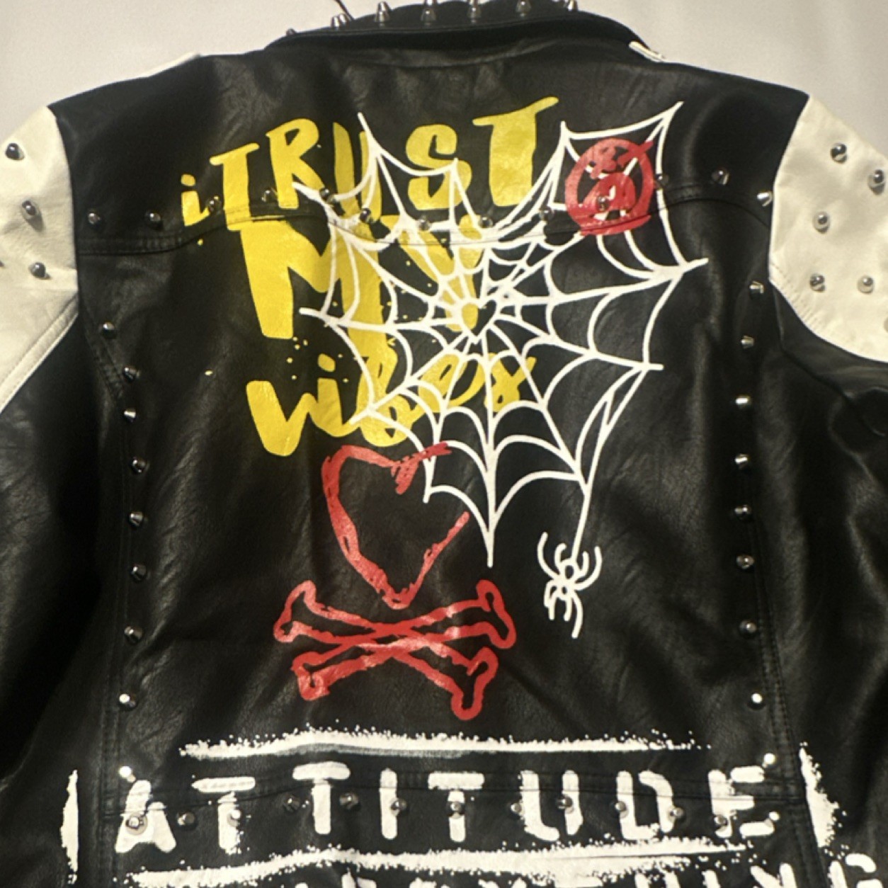 Freaky Fashion Studded Painted Graphic Biker Jacket Black White Men