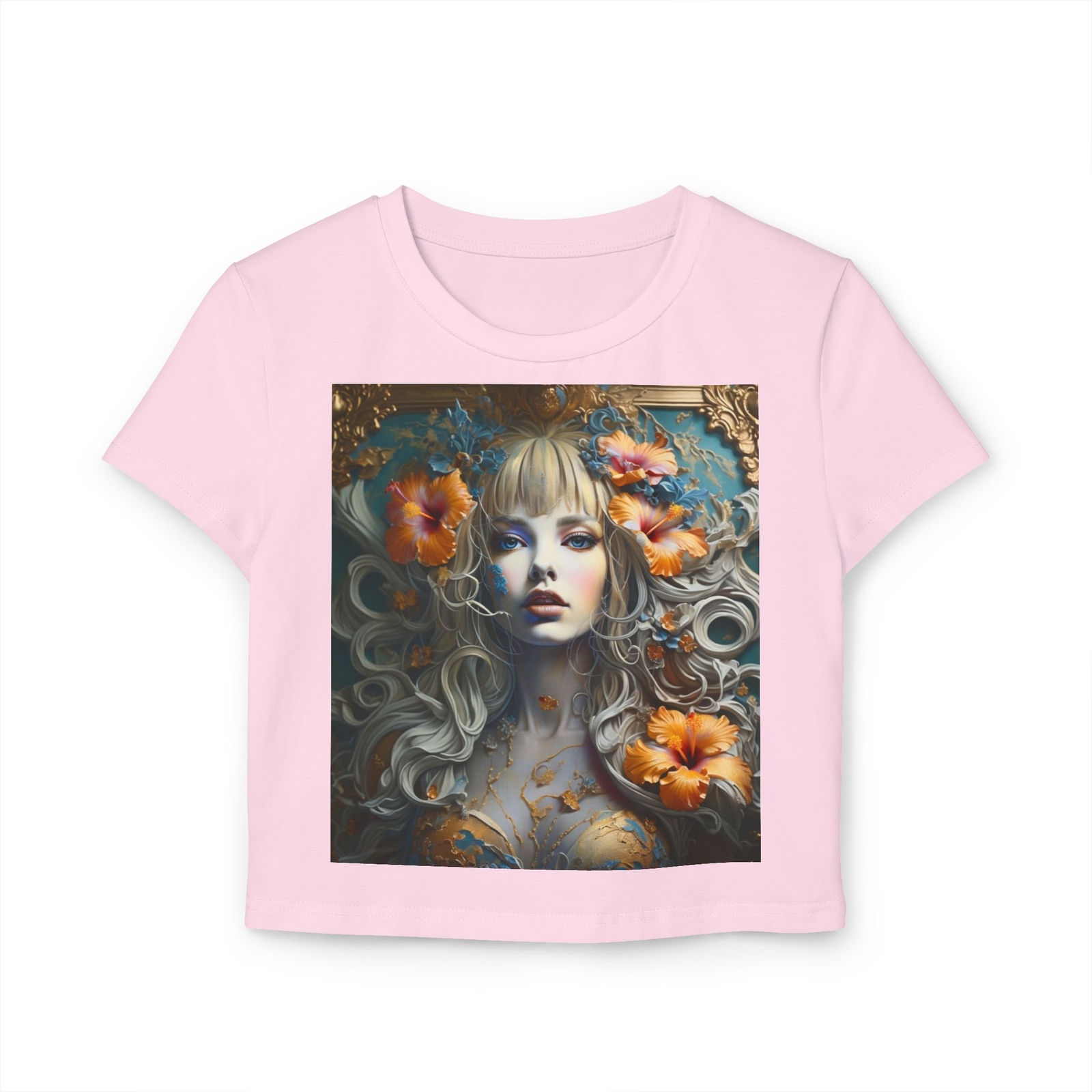 Women’s Baby Tee art deco design half tshirt black white beige pink S M Lg XLG