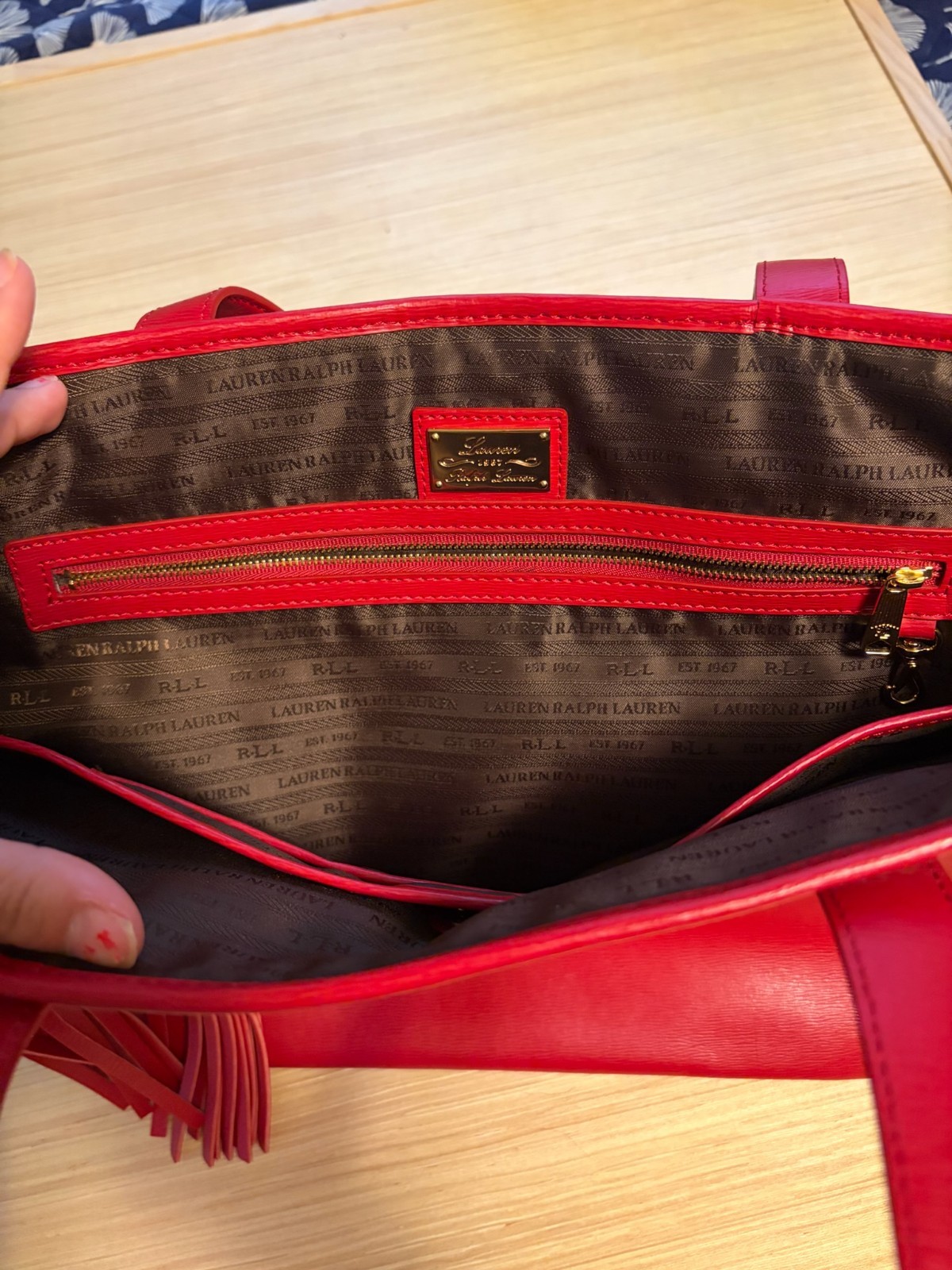 Lauren Ralph Lauren Red Tote Bag Tassel Shoulder Handbag