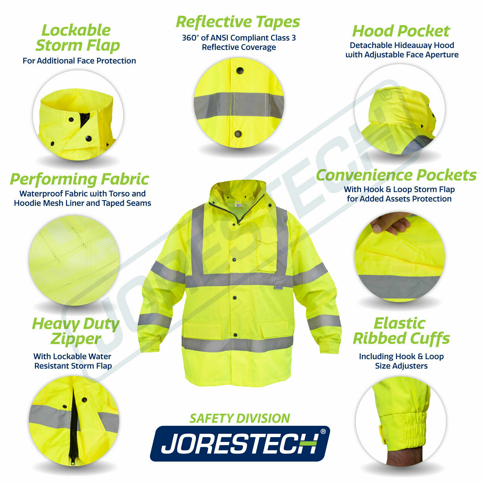Safety Rain Jacket Reflective Green Hi-Vis Raincoat Rainjacket w Hood JORESTECH