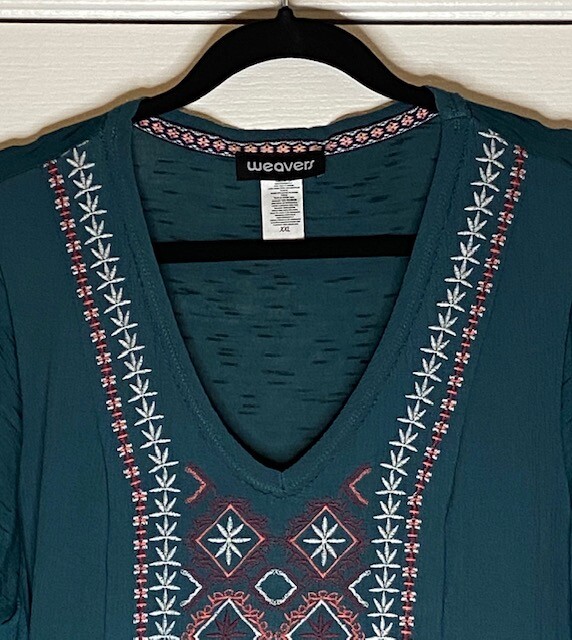 Medium New Teal Blue Embroidered Babydoll Peasant Top Lace Blouse Tee Top