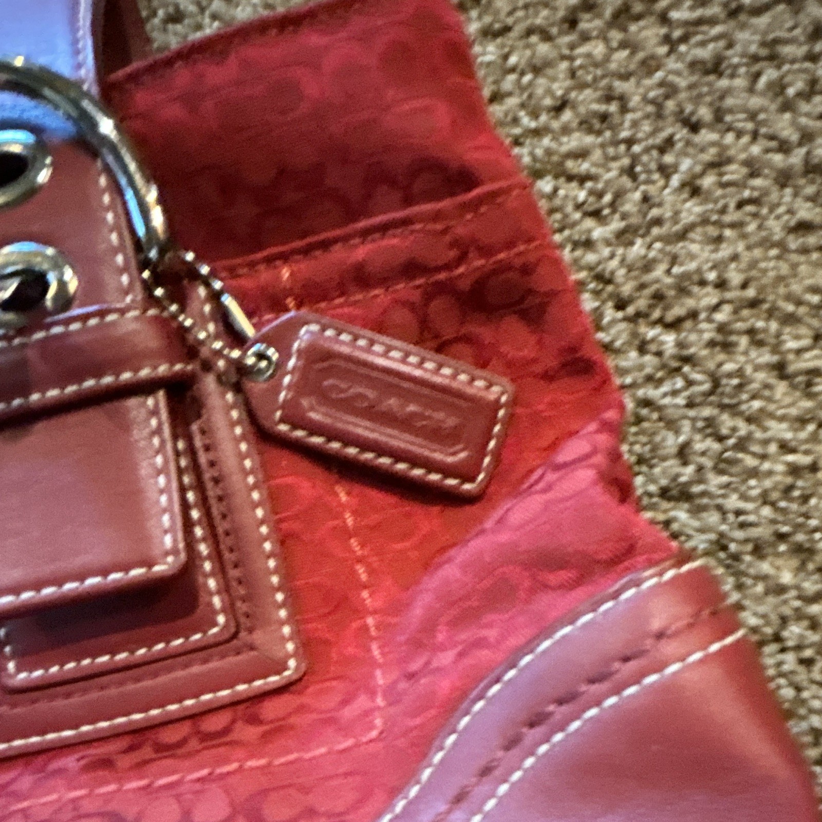 Coach Red Signature Logo Small Satchel Top Handle Purse Double Handles