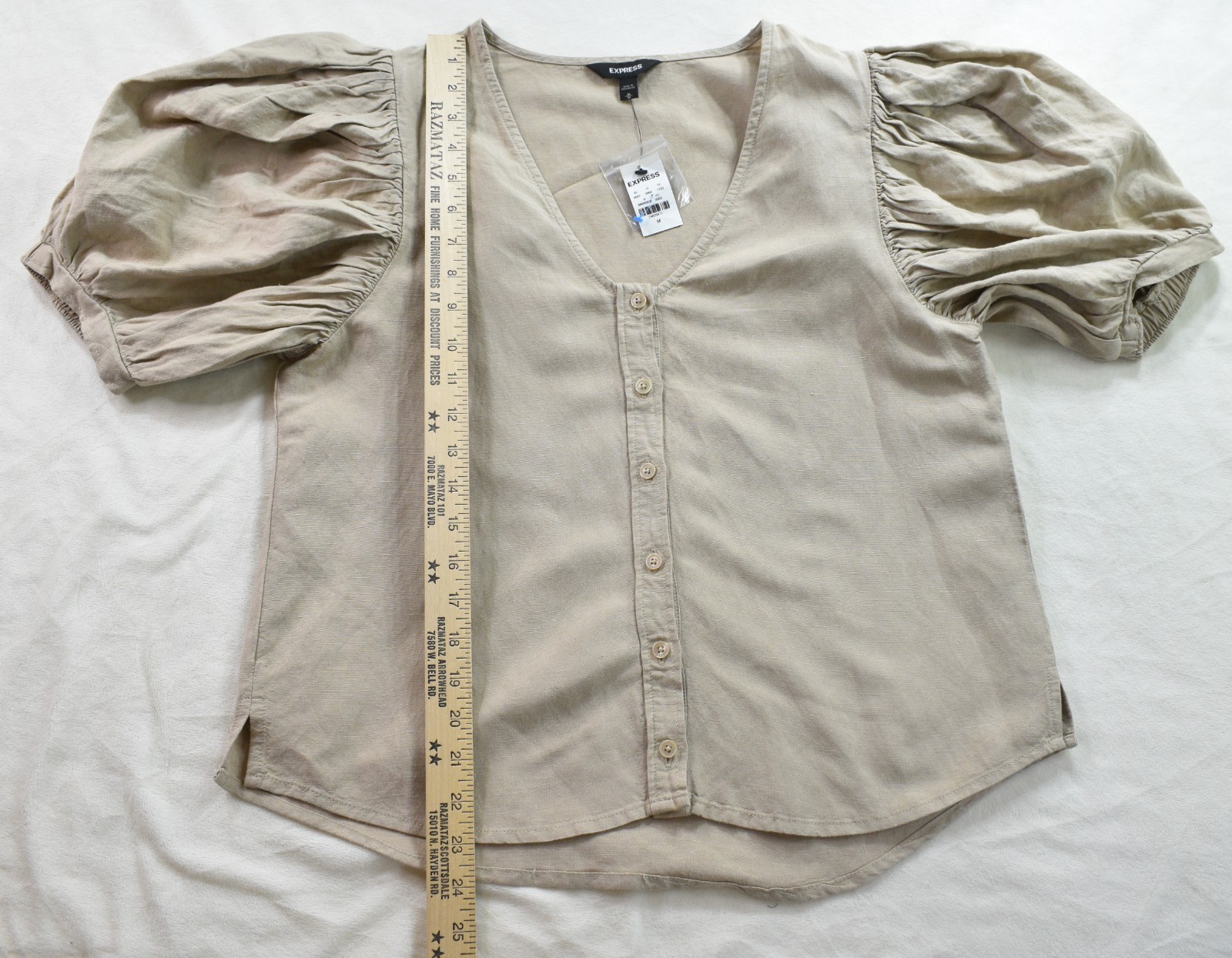New Express Blouse Tan Linen Balloon Sleeve Shirt V Neck Button Top Boho Women M