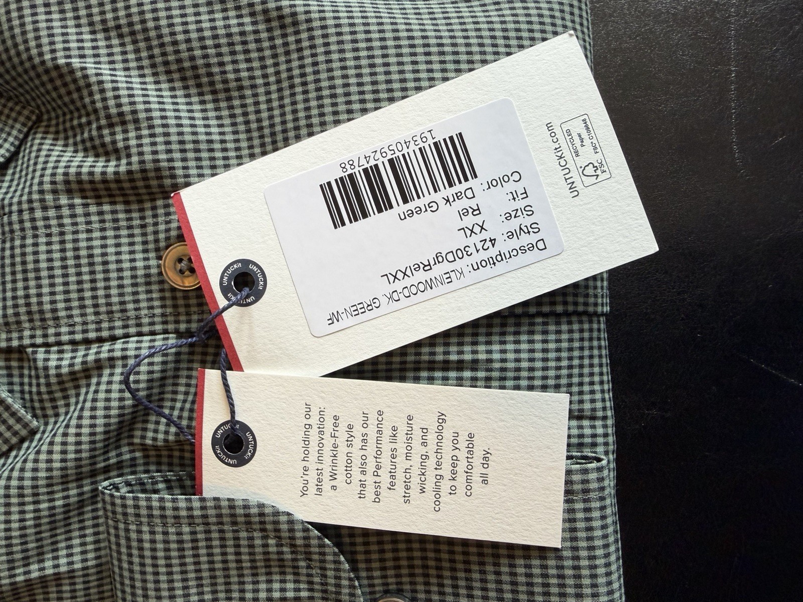 UNTUCKit CottonTek Dark Green Check Button-Up Shirt XXL Long Sleeve Relaxed