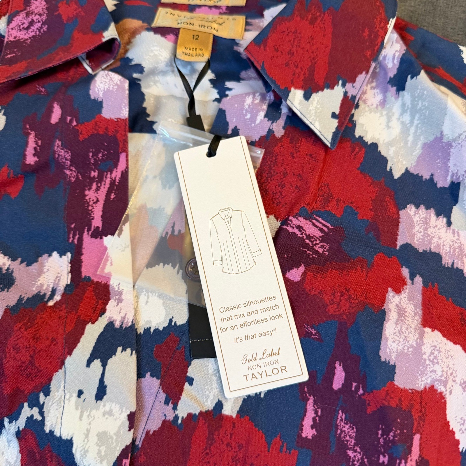 Investments Taylor Blouse Womens Size 12 Multicolor Non Iron 3/4 Sleeve Abstract