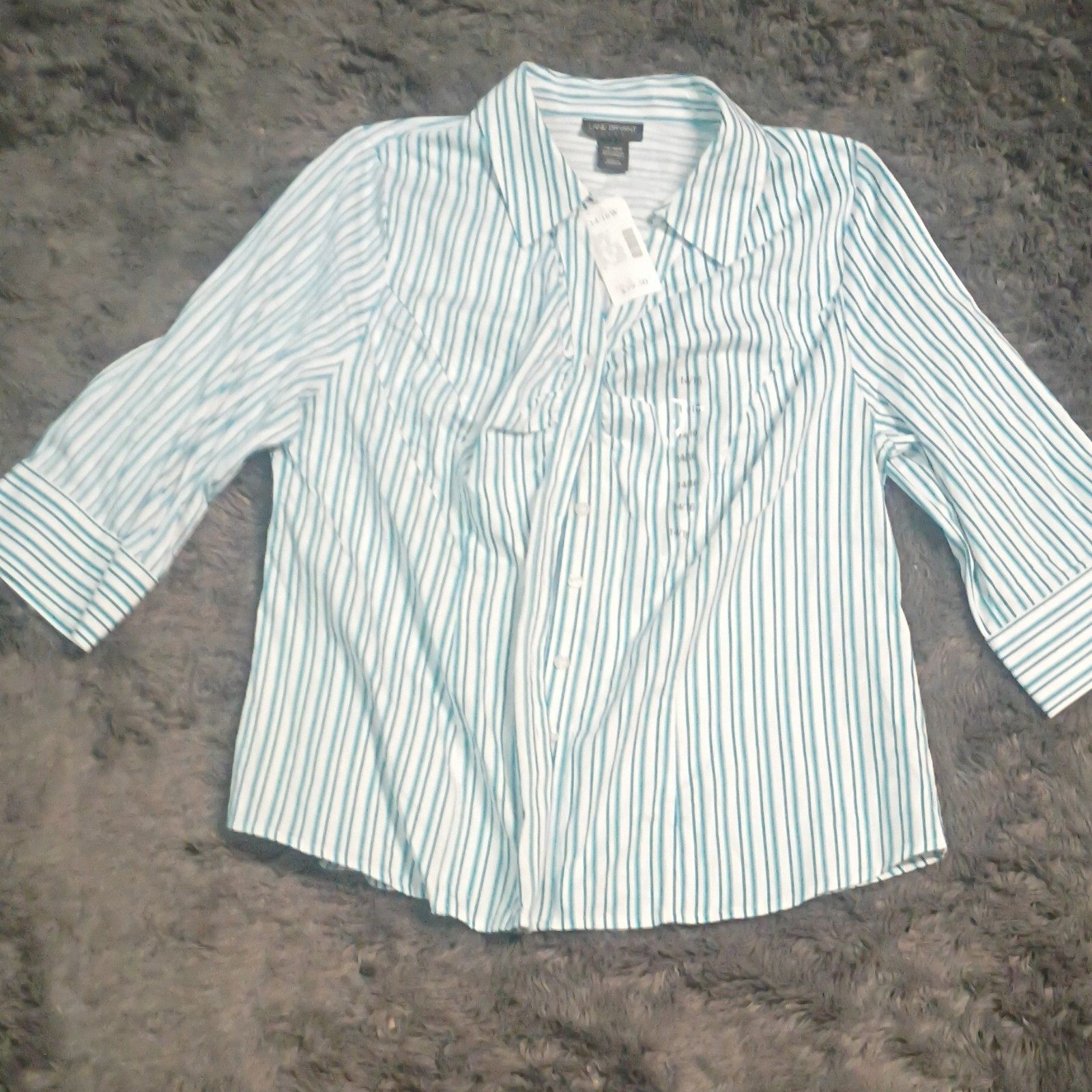 Lane Bryant Blue White Striped Cotton Woven Stretch 3/4 Sleeve Button-Up 14/16W