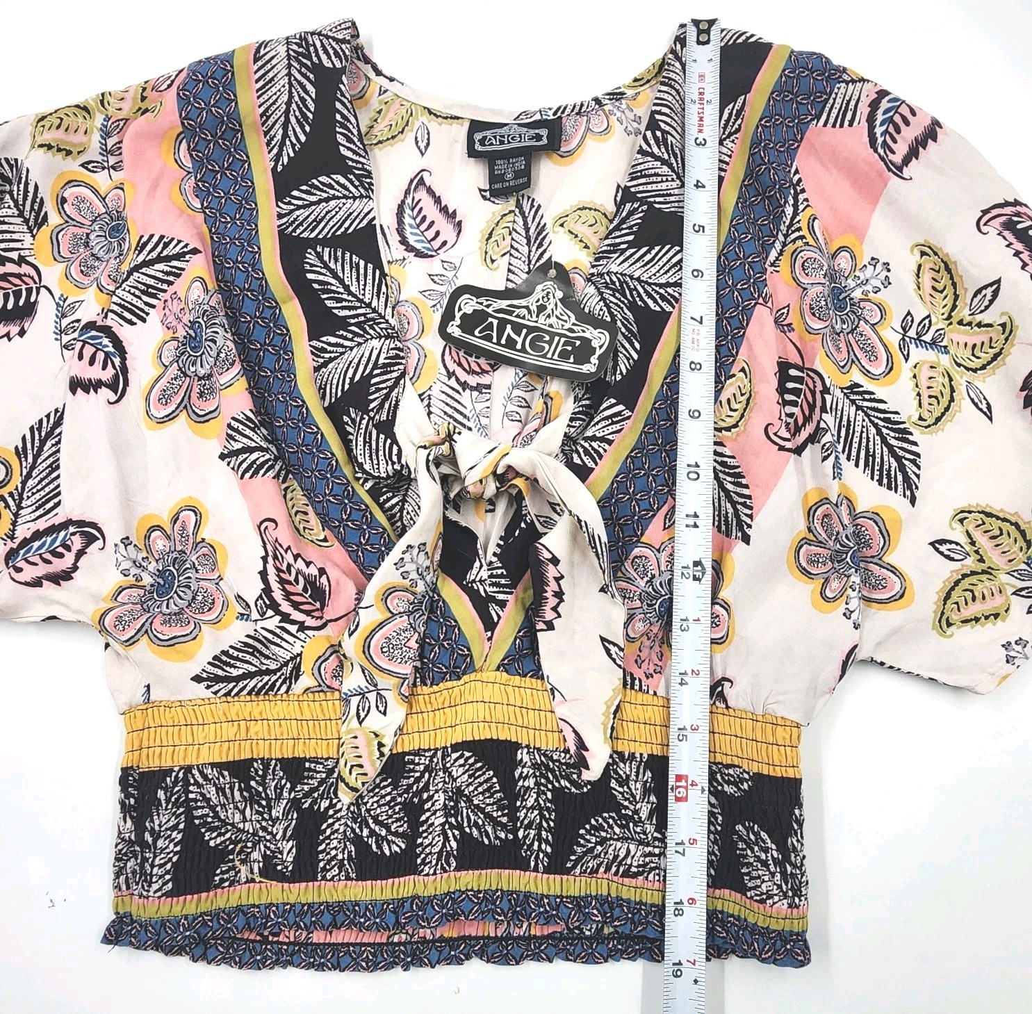 Angie Medium Boho Floral Paisley Tie Front Crop Top Smocked Waist Blouse New