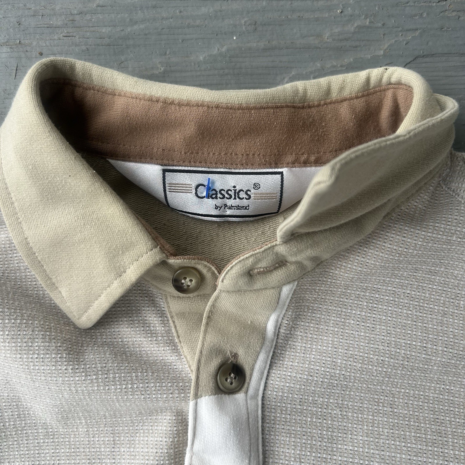 Vintage Classics By Palmhard Knit Polo Shirt Mens L Beige Brown Banded Waist 70s