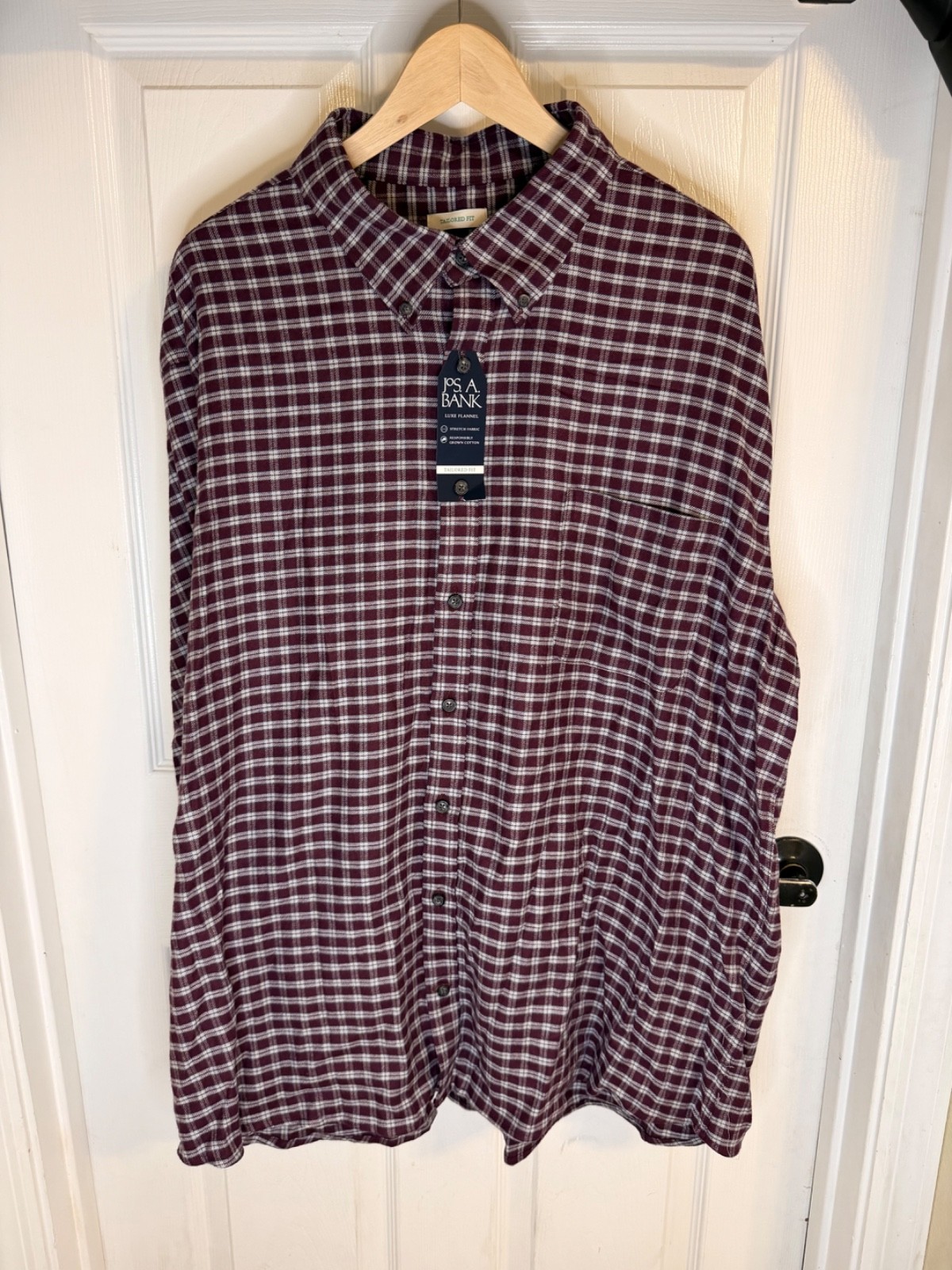 Jos A Bank Luxe Flannel Shirt Mens XXL Tailored Fit Burgundy Plaid Stretch NWT