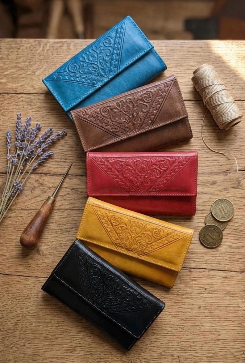 Handmade Moroccan Tooled Leather Clutch Wallet, Genuine Embossed Leather, Boho S