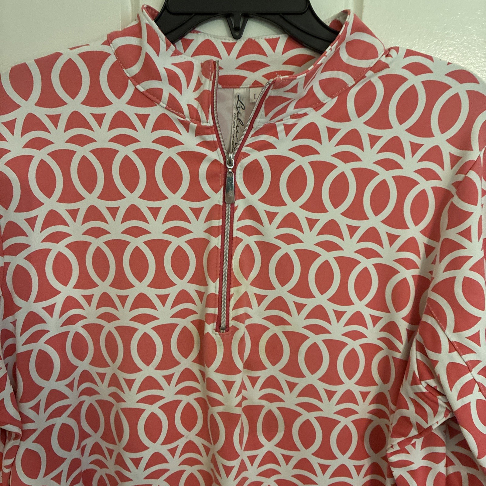 LULU- B 9” ZIP FRONT TOP; PEACH/WHITE PRINT; SALE $35