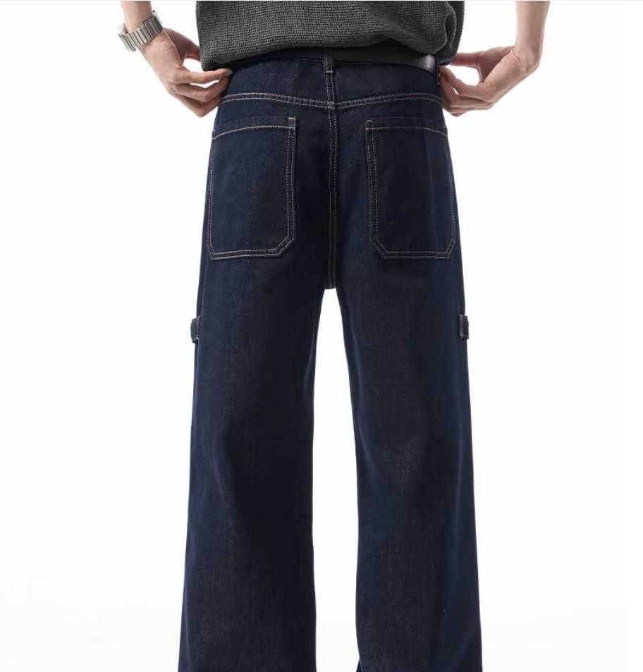 Men’s Dark Blue Denim Jeans Straight Leg Ripped Casual Punk Hip Hop Trousers New