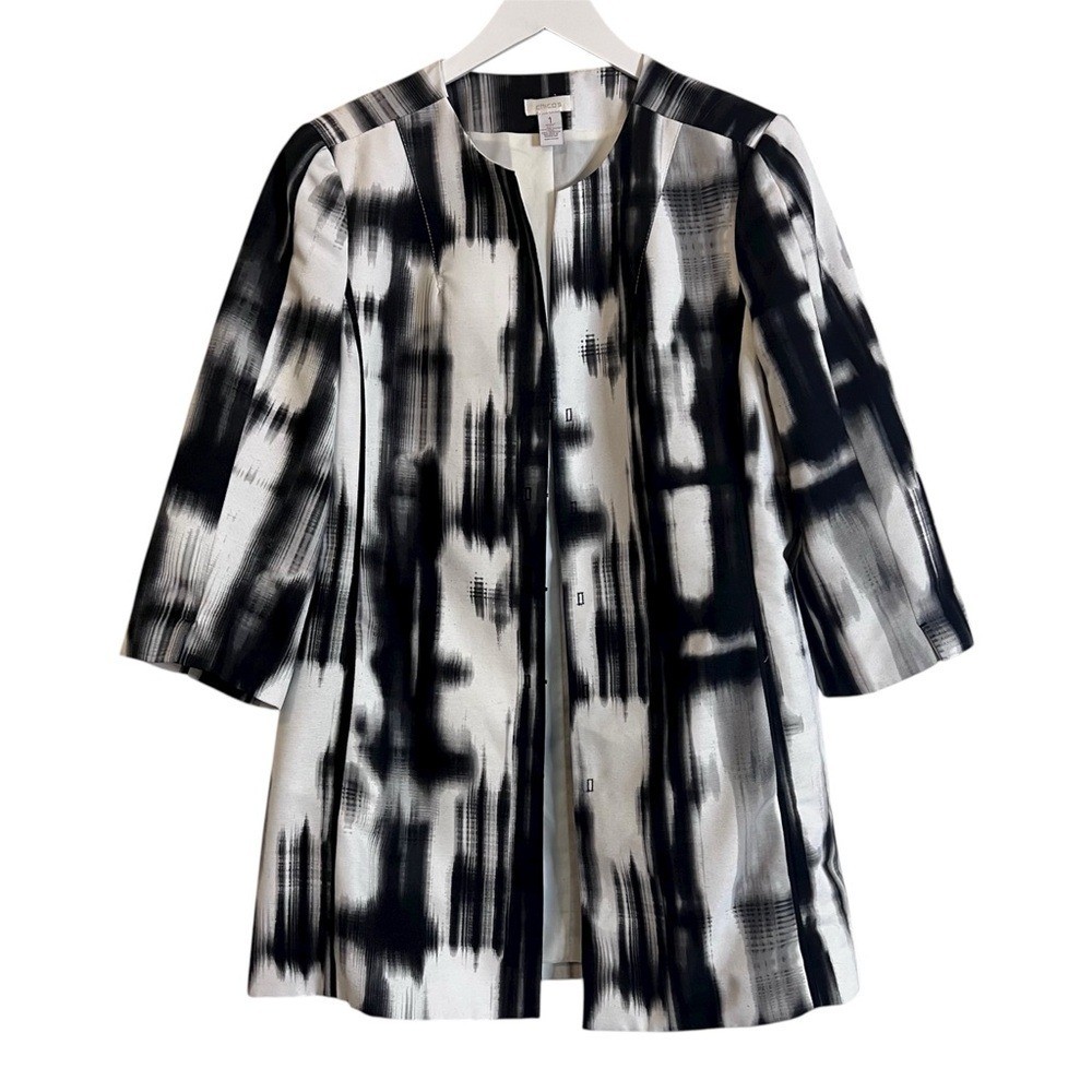 Chicos Blazer White Black Gray Graphic Stripe Blazer Jacket