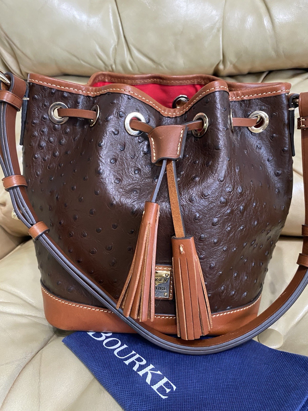 Dooney & Bourke Ostrich Small Drawstring Shoulder Bag Leather Bucket