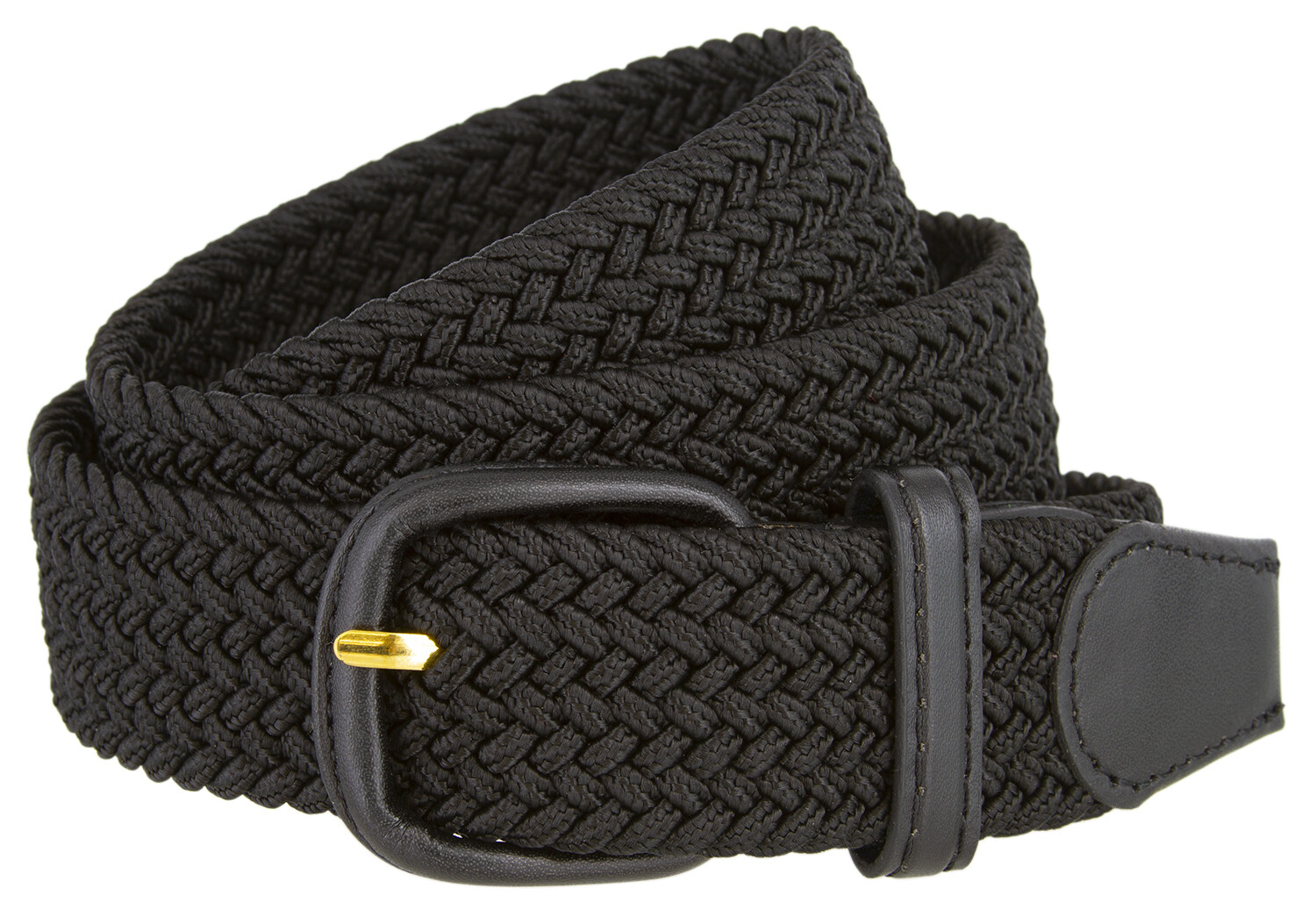 Black Stretch Belt Leather Covered Buckle Woven Elastic Stretch Belt 1-1/4″ Wide
