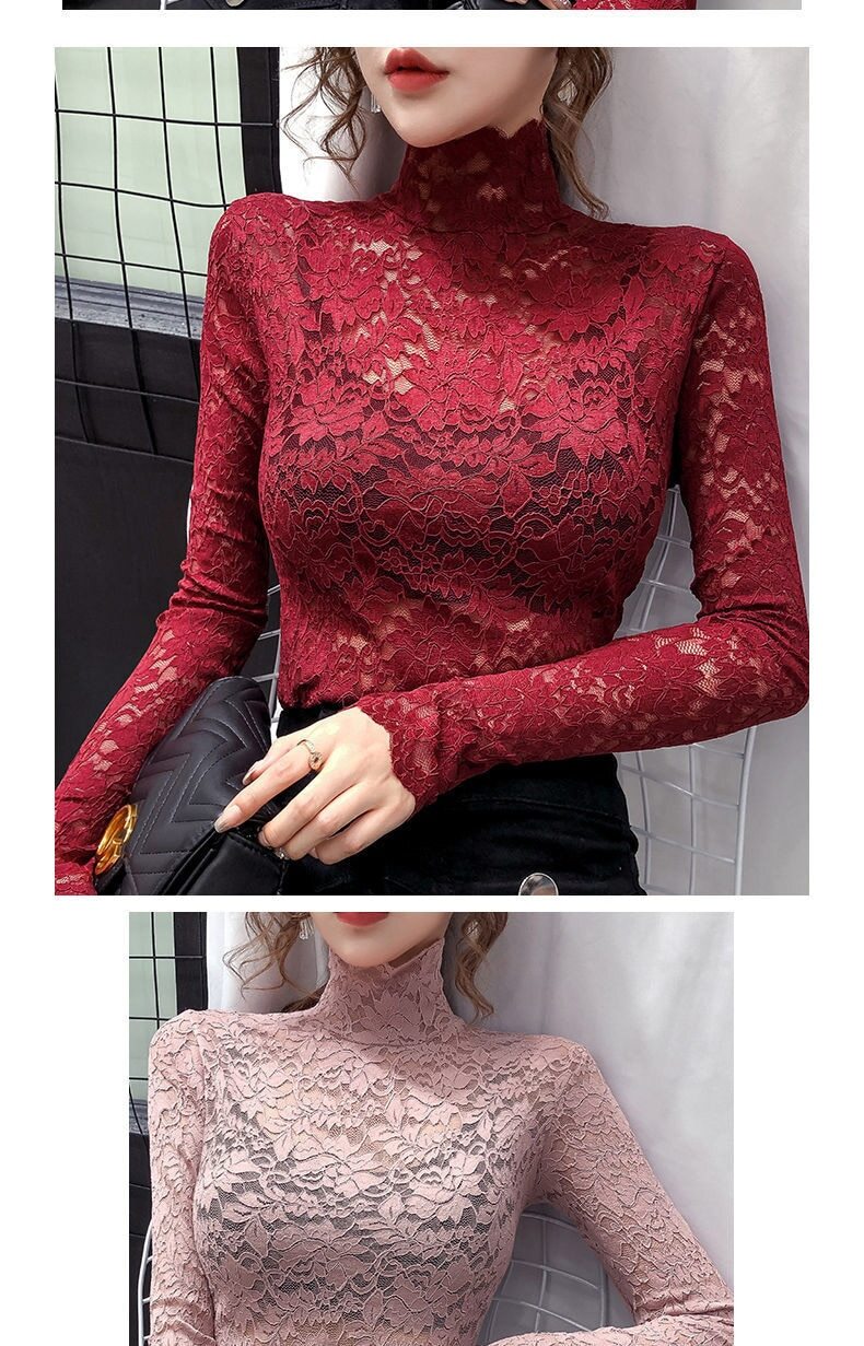 Half High Collar Lace Bottomed Blouse Mesh Hollow Out Long Sleeve Shirt Plush