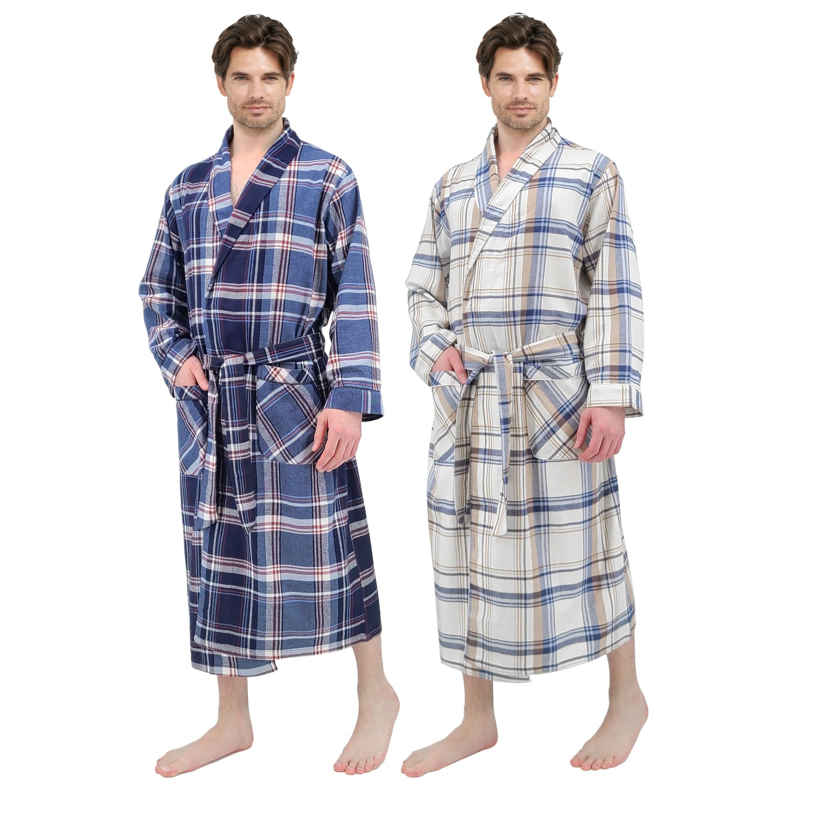 Mens 2 Pack Long 55% Cotton Flannel Brush Warm Robe S / M Assorted Plaids