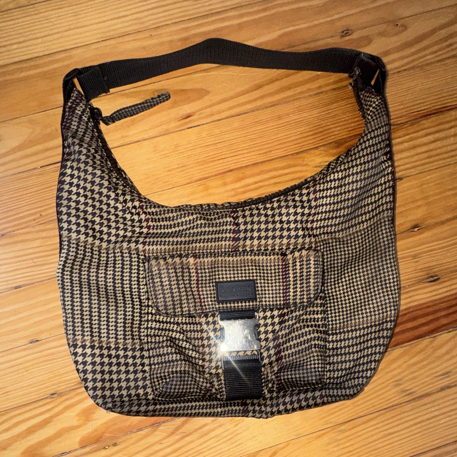 Lauren Ralph Lauren Houndstooth Shoulder Bag Zip Buckle Adjustable Strap Silver