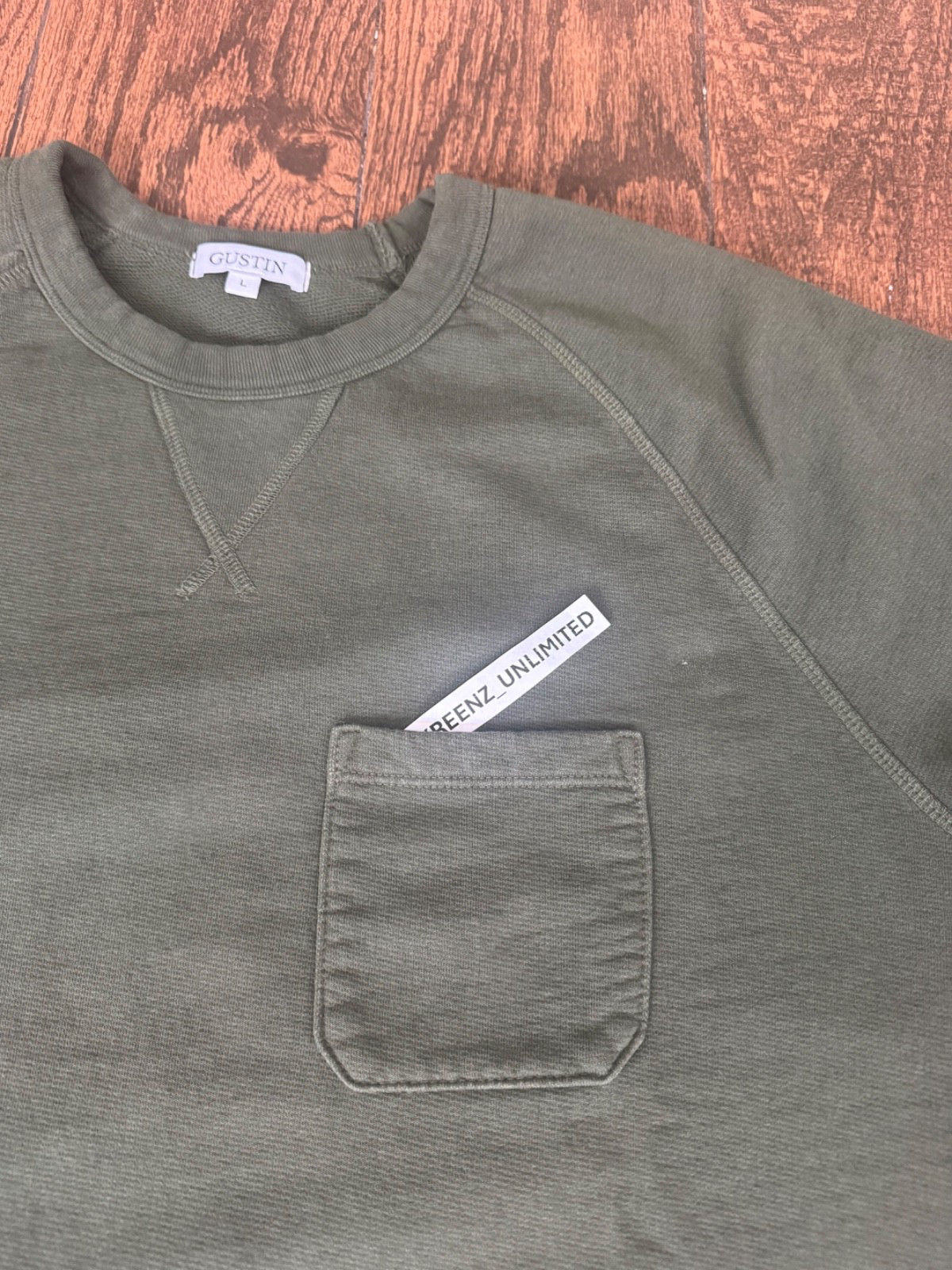 Gustin Garment Washed Pocket Sweatshirt in Green – Made in USA – Size Large