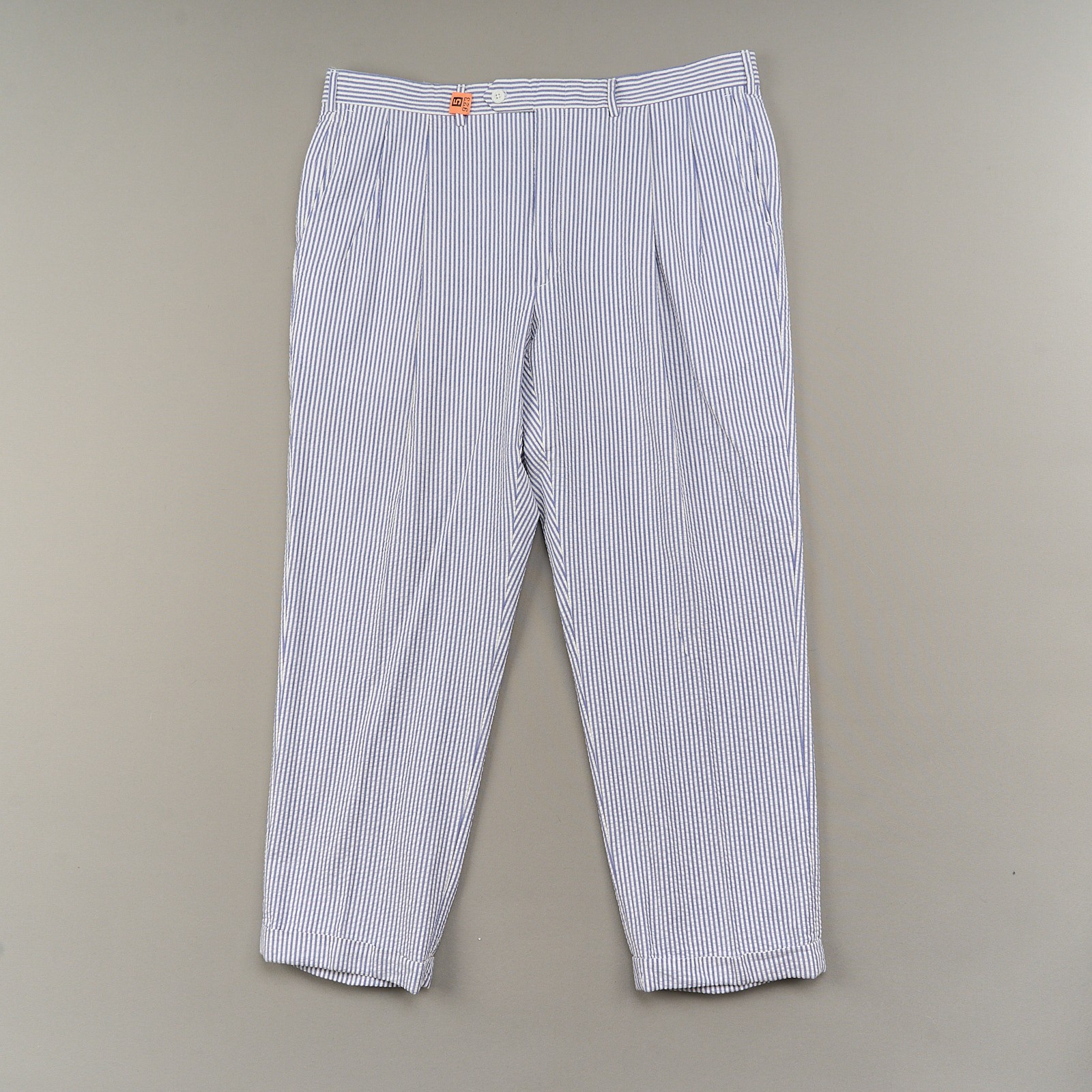 Vintage Berle Seersucker Pants Mens 38×28 Blue Stripe Cotton Pleated Cuffed USA