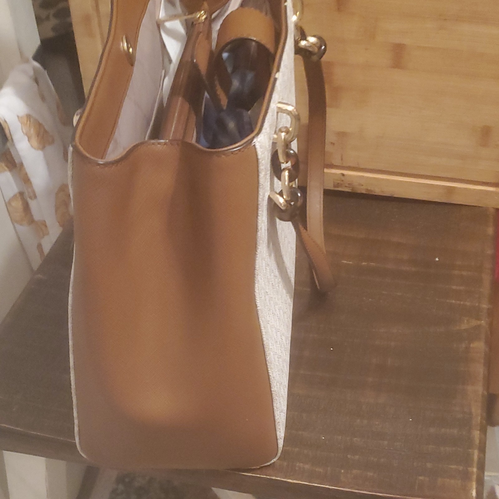 Michael Kors Signature Logo Tote Bag Large Zip Lined Inner Pockets Brown Beige