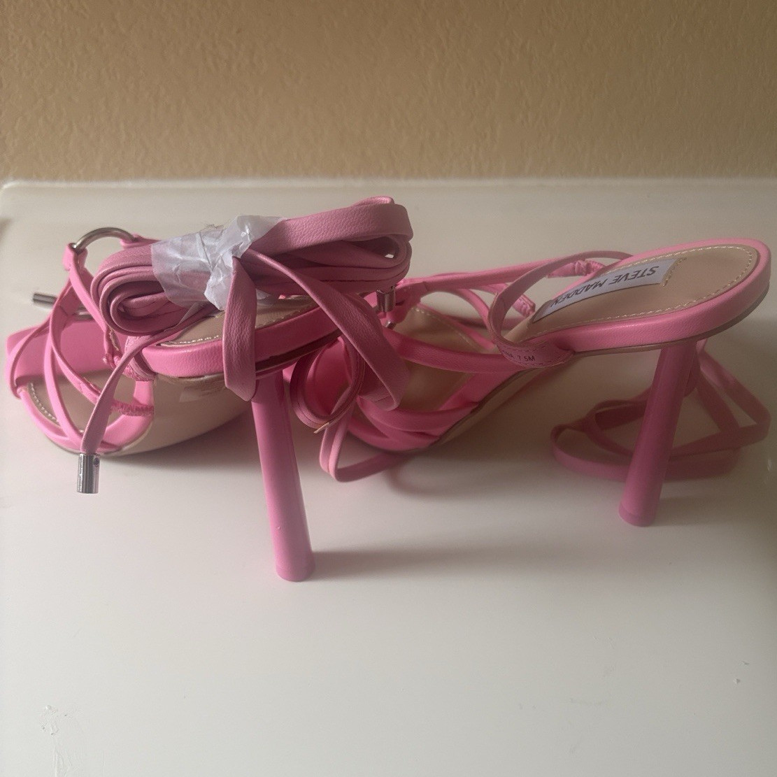 Steve Madden Women’s Pink Solid Lace Up Strappy Ankle Strap Square Toe Heels 7.5